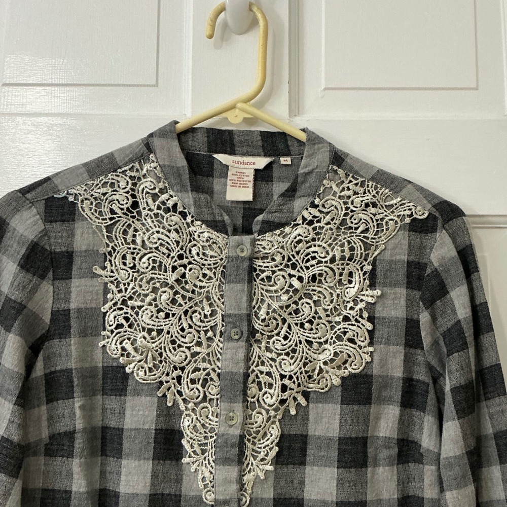 Sundance Plaid Lace Yoke Top M Boho Western Farm Cabincore Prairie